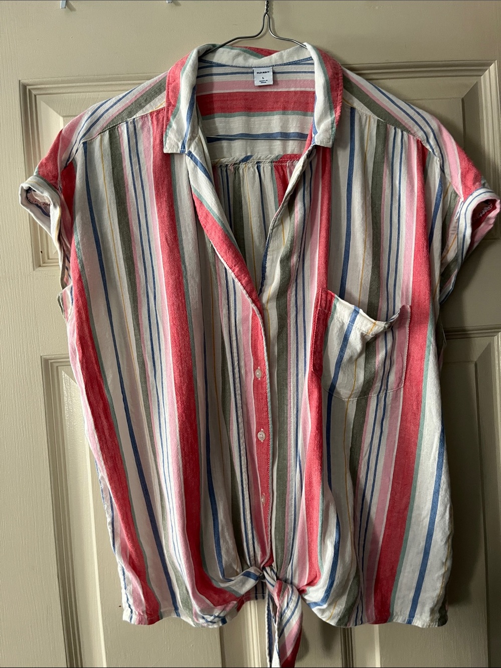 Old Navy Multicolor Striped Tie-Front Shirt - Red, Pink, Blue, Green